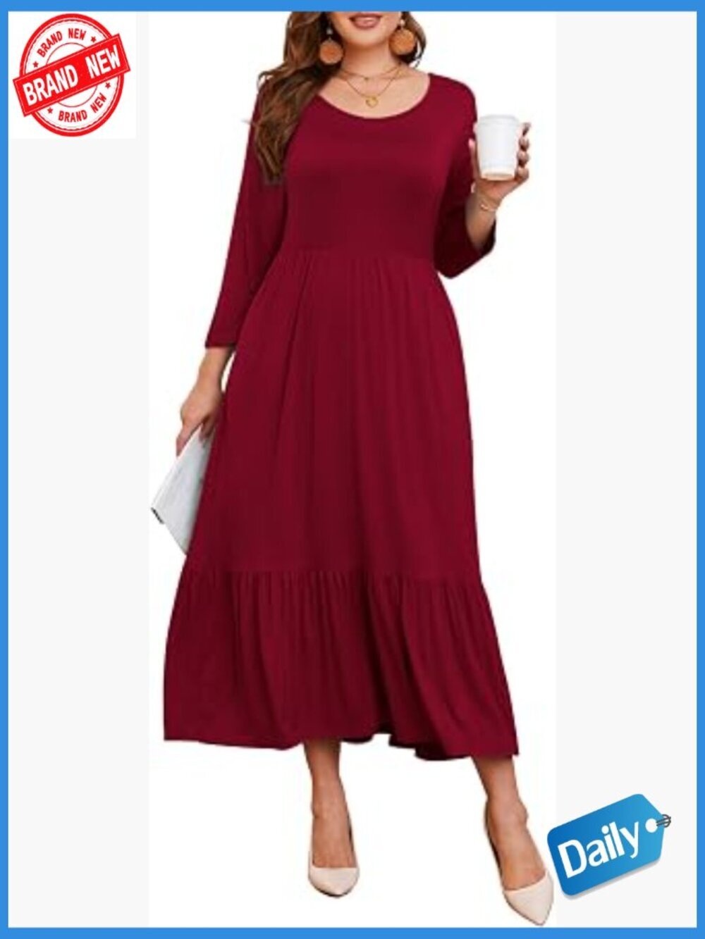 Plus Size Casual Maxi Dress with Pockets 3/4 Sleeve